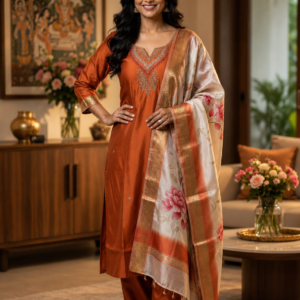 Rust Orange 3 Piece Suit Set for Women | Elegant Silk Blend Ethnic Wear