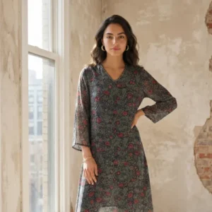 Black Floral Printed Sequins Chiffon Straight Kurta