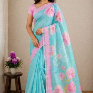 Stunning Sky Blue Floral Organza Saree – Elegant Pink Printed Party Wear Saree for Women